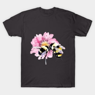Bees in Watercolor Sitting on A Pink Flower T-Shirt